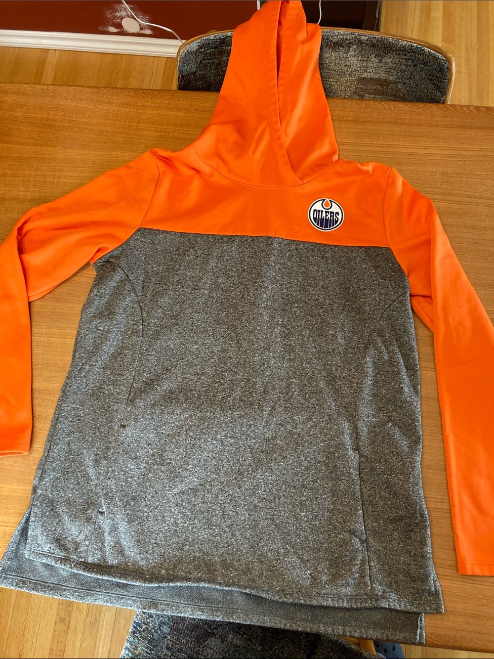 Fanatics Women's Bright Orange and Grey Fleece Hoodie with Oilers NHL Logo